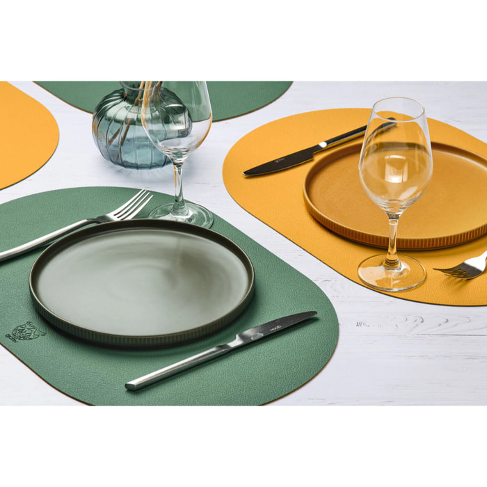 Set de table ovale réversible - 6 pièces - Cuir recyclé jaune moutarde et vert sapin