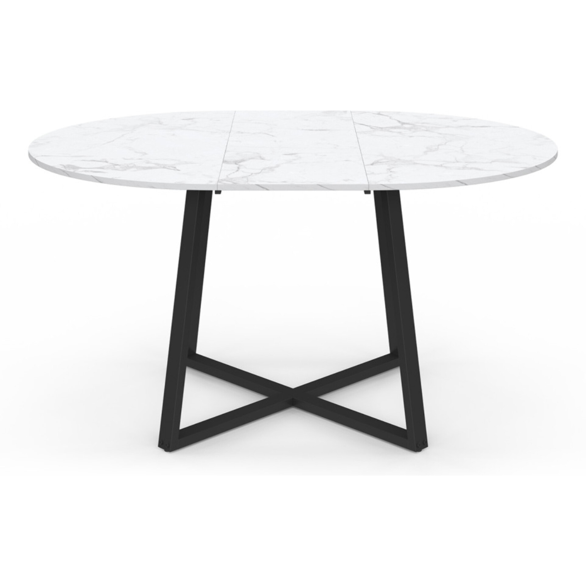 Table repas Sana plateau extensible 110-150cm rond effet marbre et pieds noirs