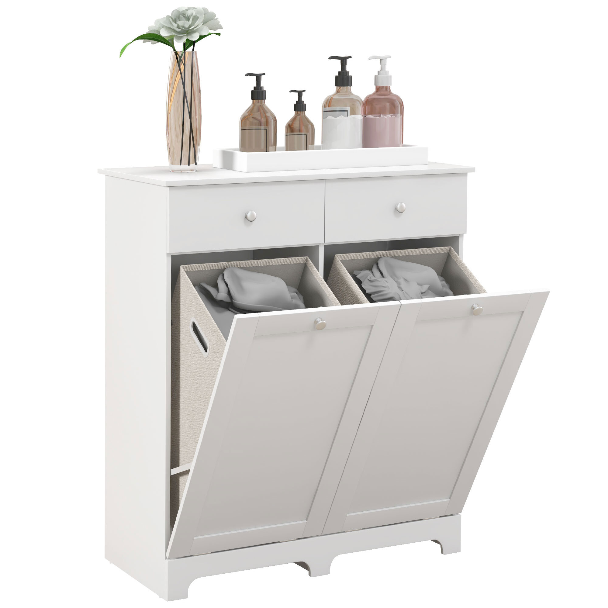 Armoire de salle de bain, meuble de rangement, avec paniers à linge pliables 2 tiroirs, en bois, 78L x 40l x 90,5H cm, blanc