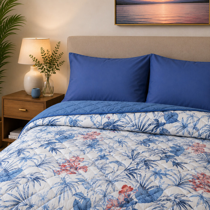 BASSETTI Completo letto in cotone Made in Italy_Matrimoniale_Fiore Blu