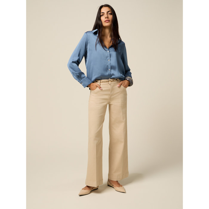 Oltre - Pantalones wide leg de algodón - Beige