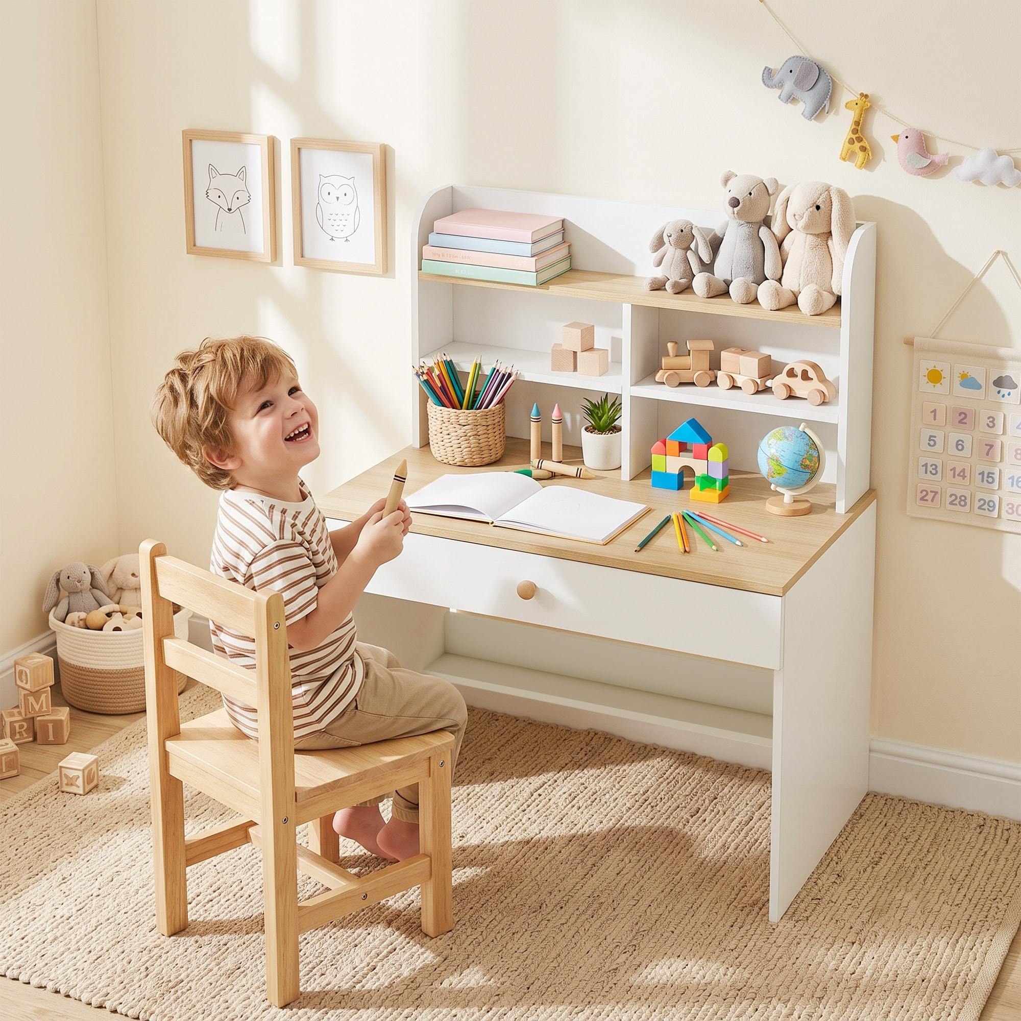 AIYAPLAY Escritorio Infantil, Mesa de Escritorio para Niños con Estante, 3 Compartimentos Abiertos y Cajón, para Estudio, Entrada, Dormitorio, para Niños de 3-8 Años, 80x50x100 cm, Blanco