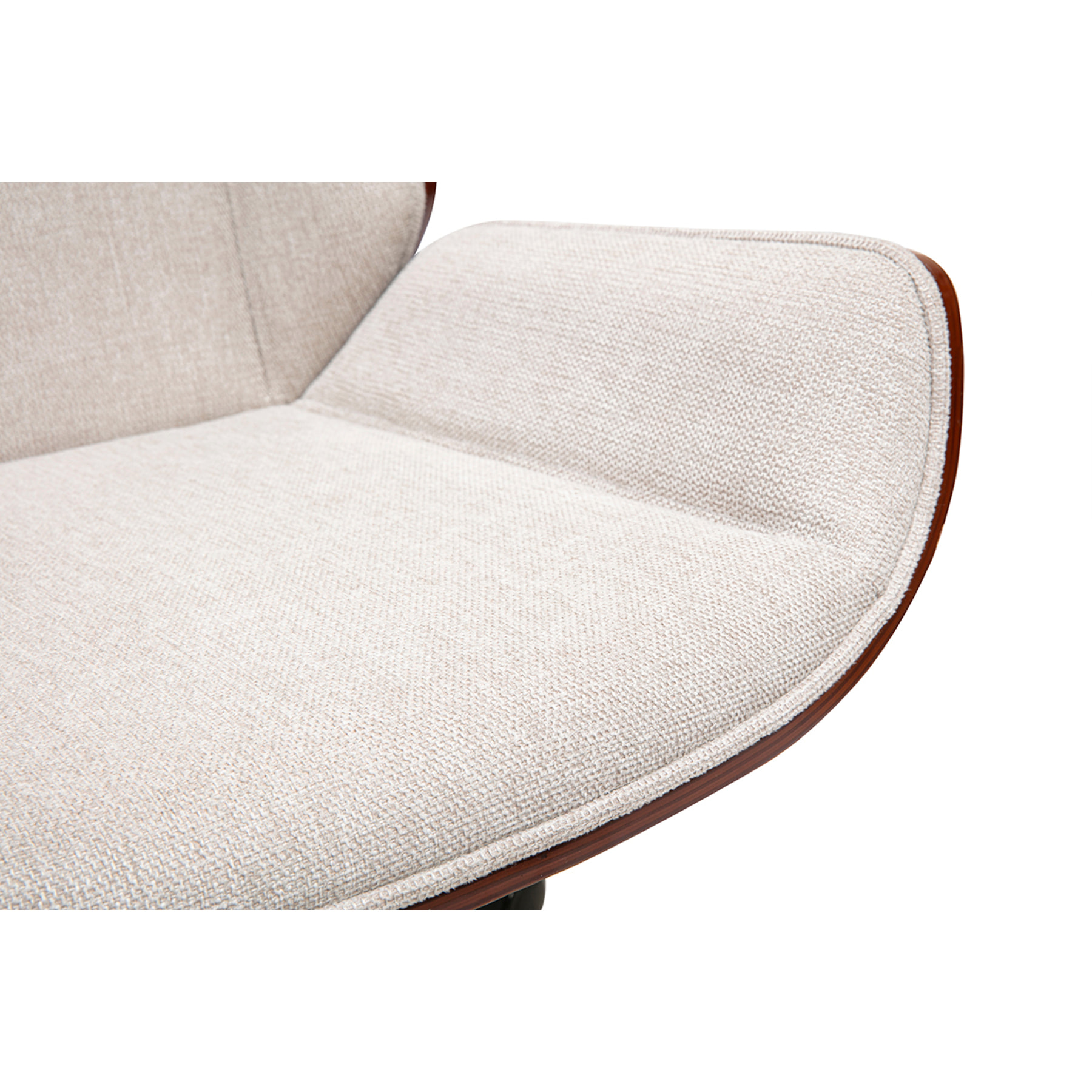 Chaise de bureau à roulettes design en tissu effet velours texturé beige, bois foncé et acier chromé CURVED