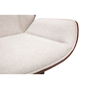 Chaise de bureau à roulettes design en tissu effet velours texturé beige, bois foncé et acier chromé CURVED