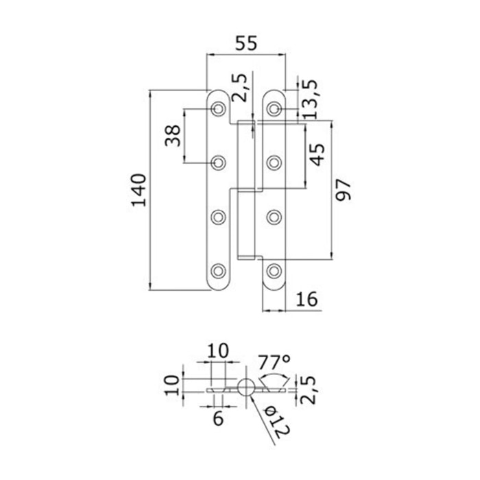 Paumelle en acier inoxydable – 140x55x2.5 mm - Gauche - LTPML140X44-304G