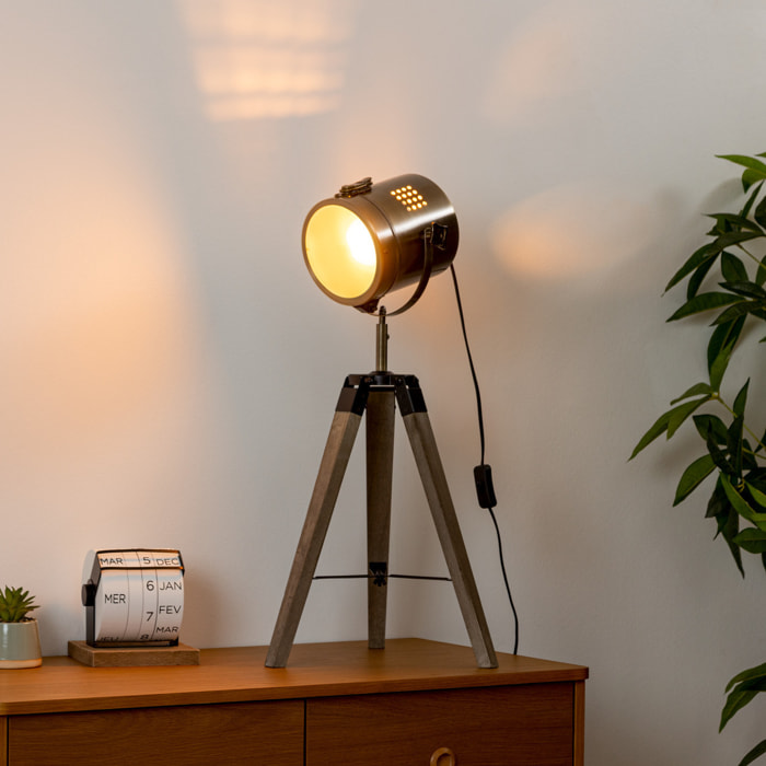 Lampe trépied "Ebor" bronze - bois & acier H68 cm