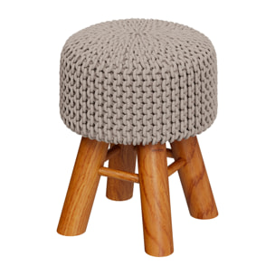 Petit tabouret rond en tricot coton gris clair et pieds en bois - Lisa