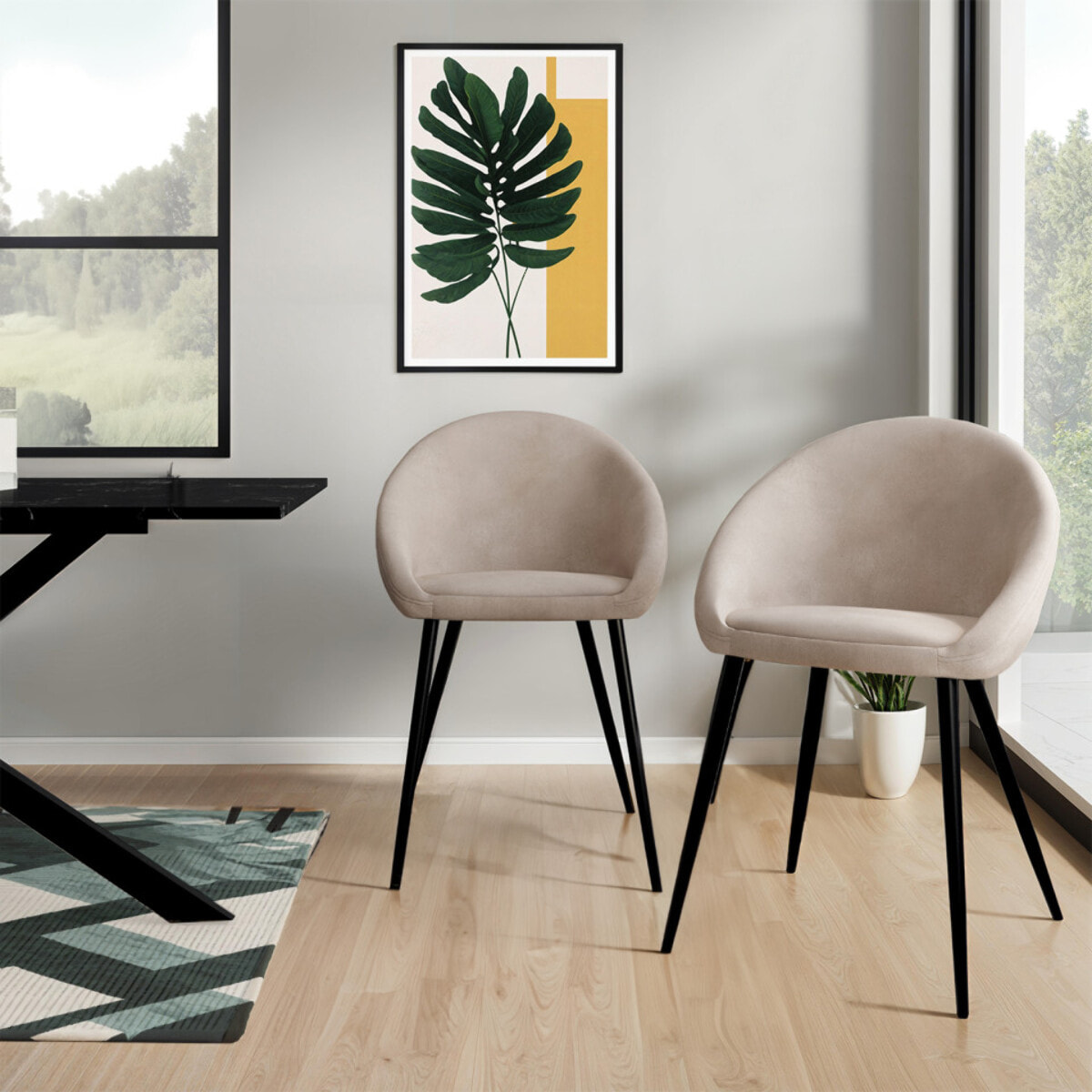 Chaises Dory en velours taupe et pieds métal noirs - lot de 2