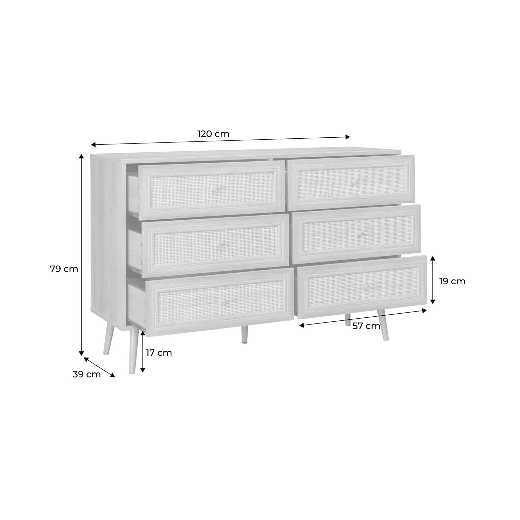 Commode effet bois et cannage 6 tiroirs Bohème. couleur naturelle - 120x39x79cm