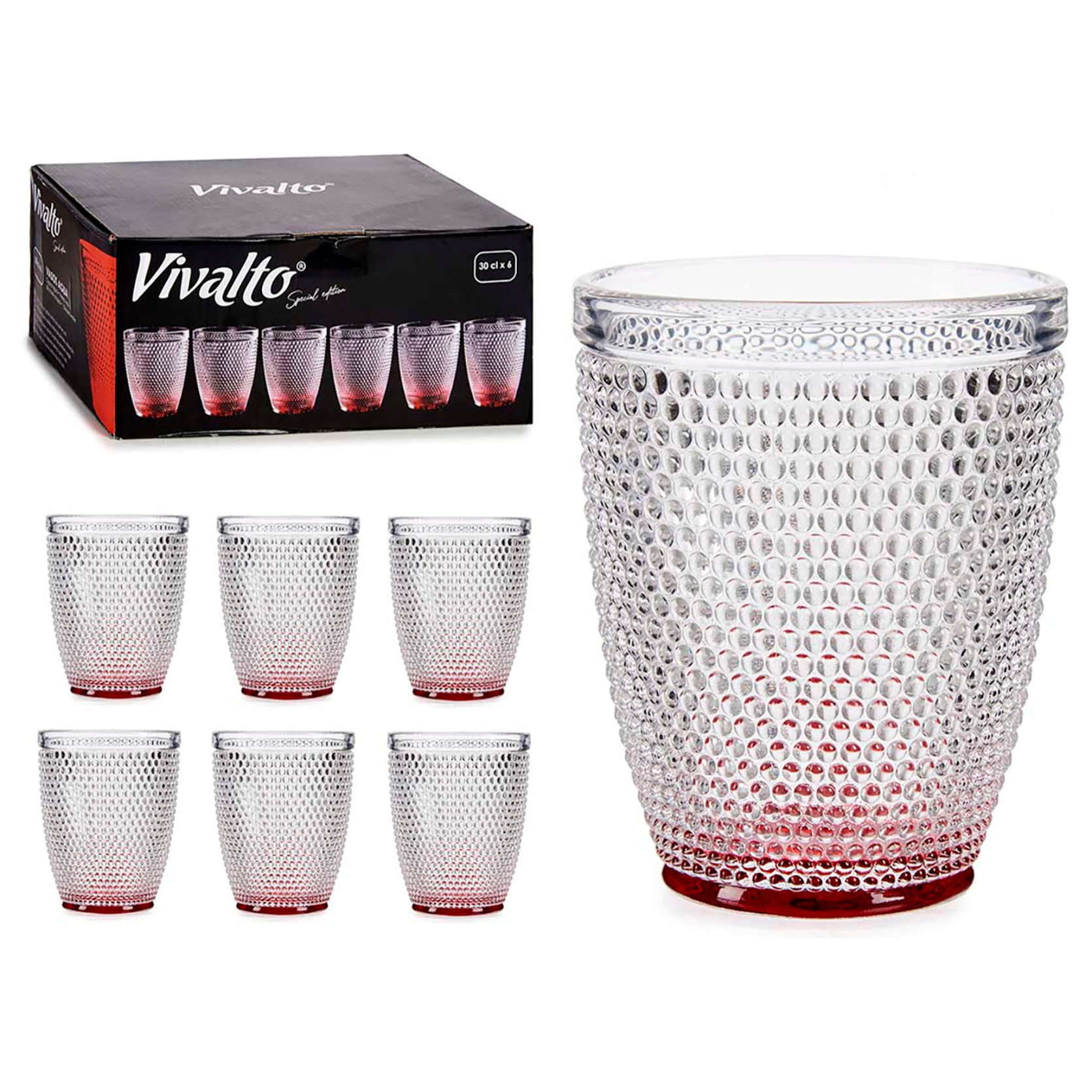PACK 6 VASOS CRISTAL PUNTOS AGUA 300ML ROJO