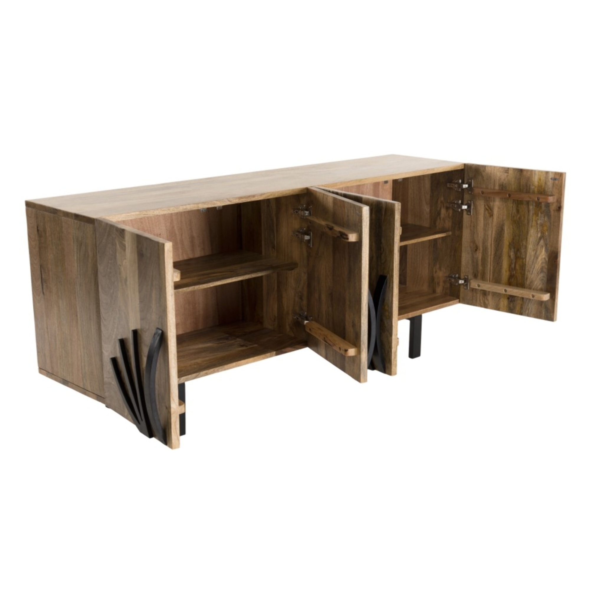INDRA - Buffet bois Manguier 177x45cm 4 portes 2 étagères déco branches pieds métal Bangalore