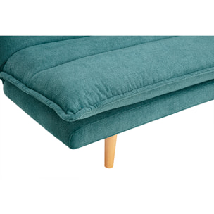 Canapé convertible 3 places en tissu chenille bleu canard et bois clair BINGO