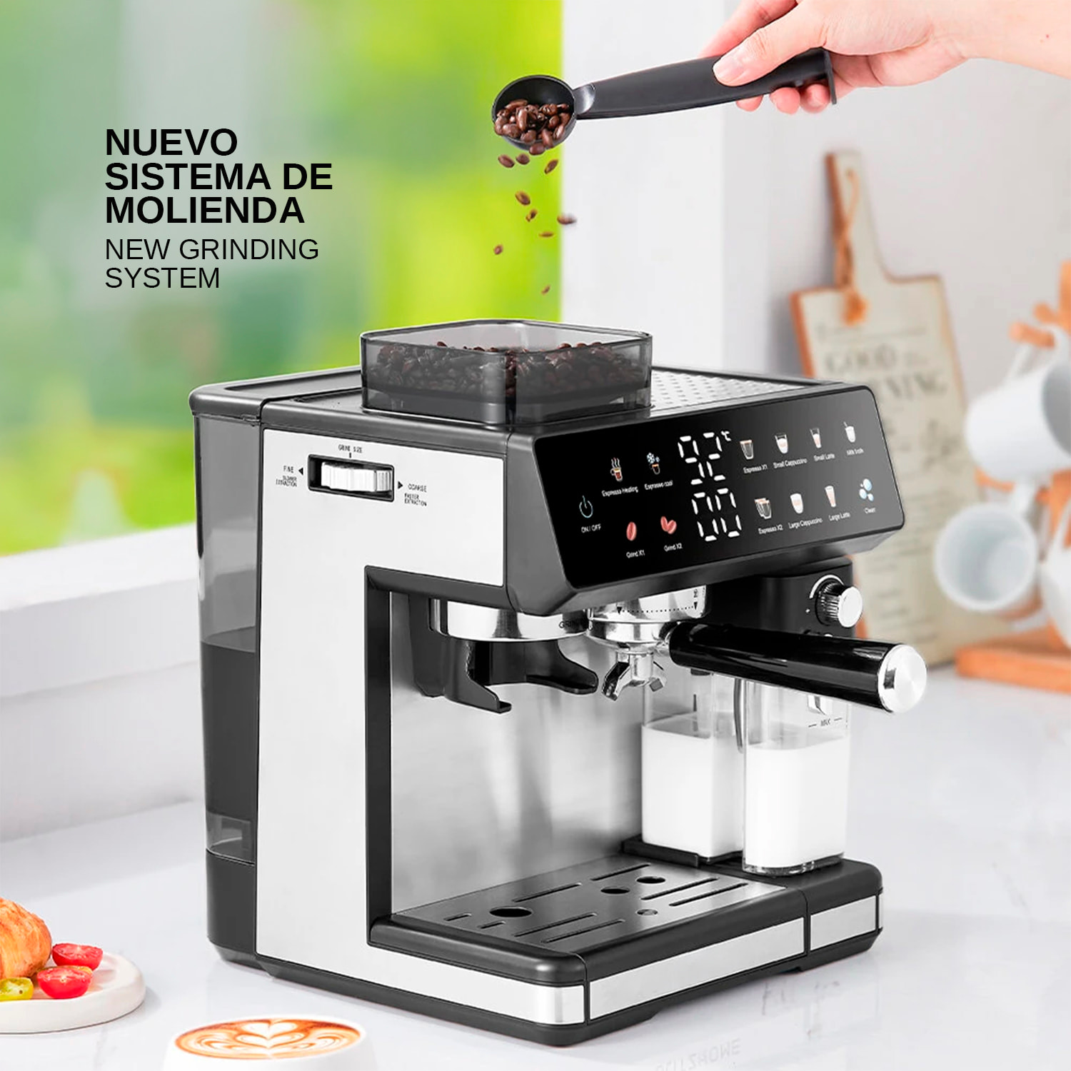 Cafetera de 1350W con 20 niveles de molido y sistema dual para café frío o caliente. Pantalla táctil, varilla de vapor, 20 bar de presión y tanque de 2,7 L.