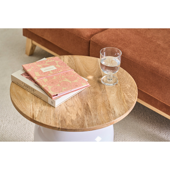 Table d'appoint ronde design blanche et bois manguier massif H49 cm VERONA