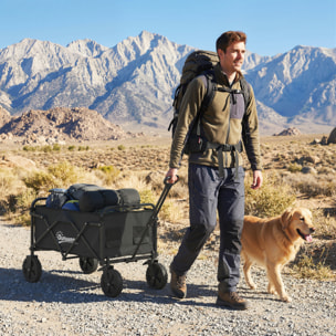 Carro Playa con Ruedas Grandes Bloqueables, Carro de Jardín Plegable con Mango Ajustable, Portavasos y Marco de Metal, Carga 80 kg, Carrito Transporte para Jardín, Campaña, Compras, Negro