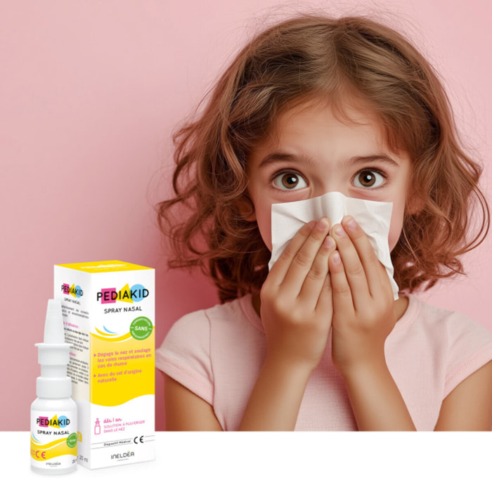 PEDIAKID - Spray Nasal - Solution saline naturelle - Décongestionne, Nettoie et Humidifie le Nez - Dès 1 an - Sans gaz propulseur - 20ml