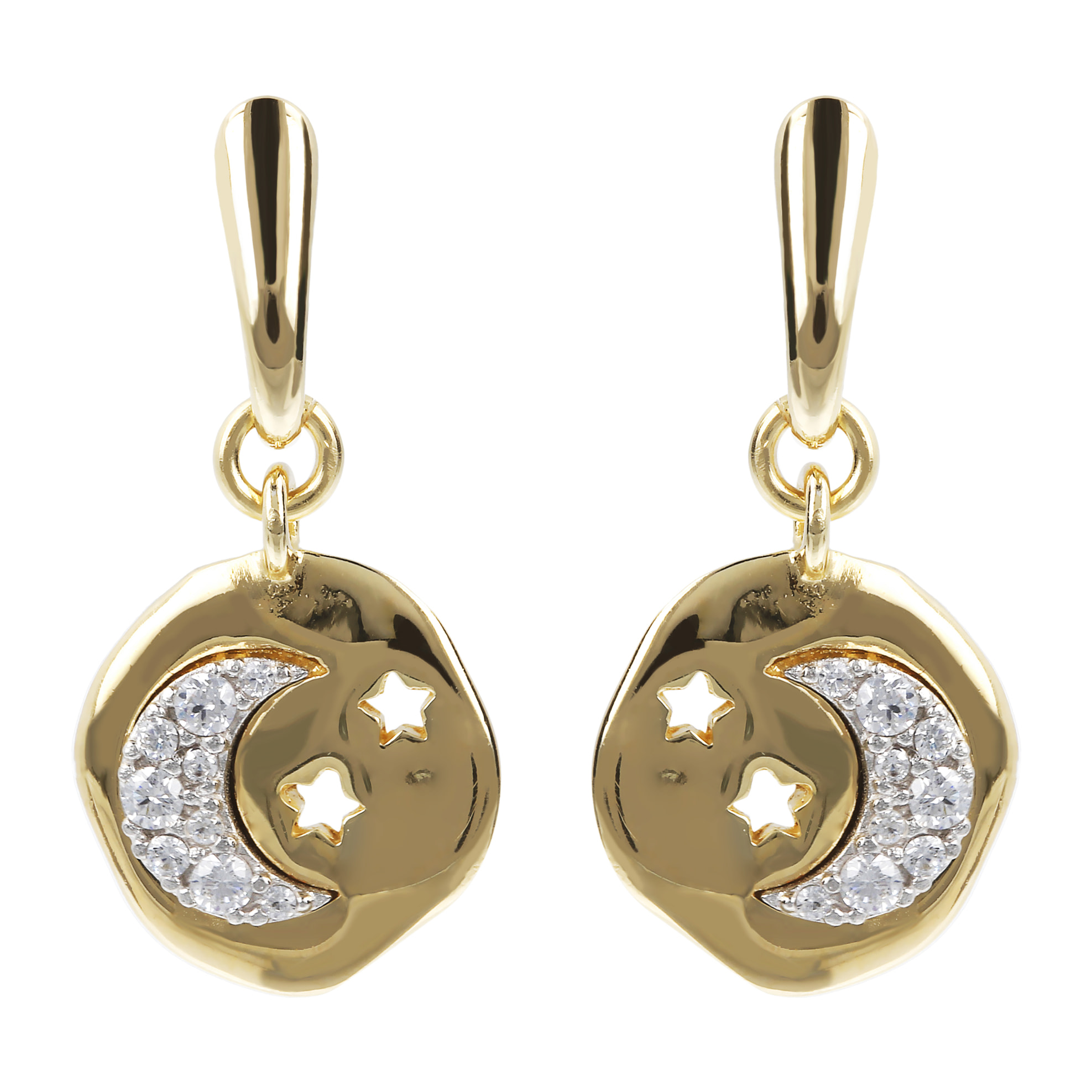 Orecchini Pendenti con Tondo Martellato e Luna Pavé in Cubic Zirconia