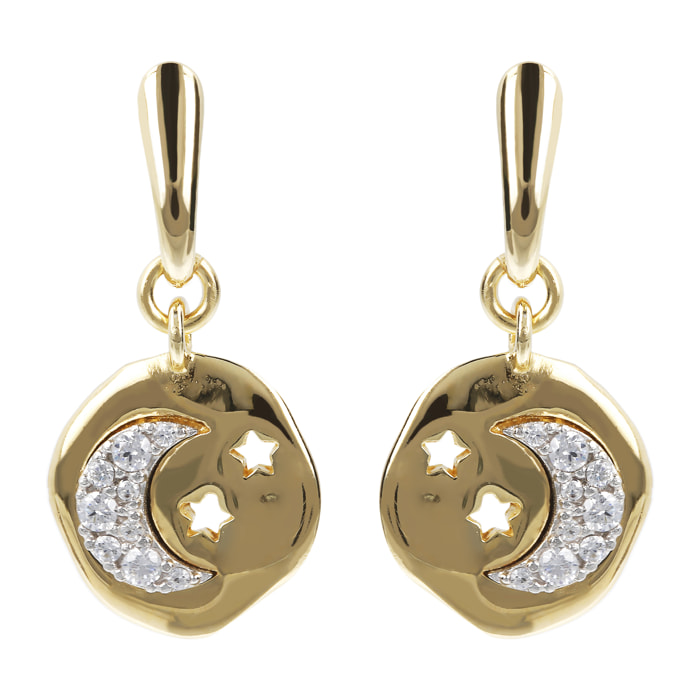 Orecchini Pendenti con Tondo Martellato e Luna Pavé in Cubic Zirconia