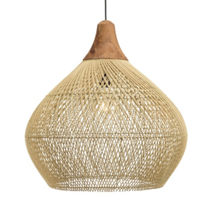 SIXTINE - Suspension 'cloche' 68x68cm rotin couleur naturelle et teck