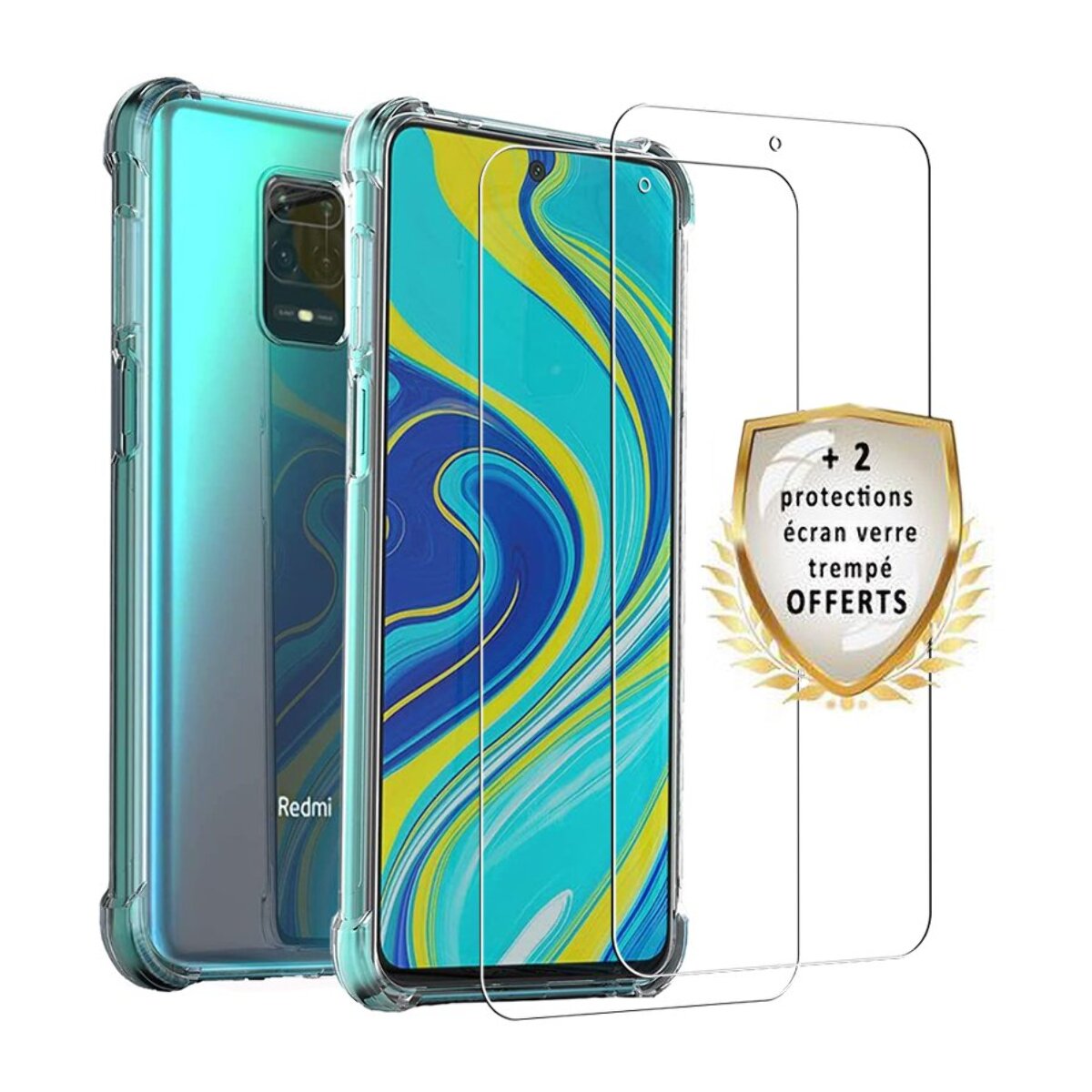 Coque Xiaomi Redmi Note 9S/Note 9 Pro/Note 9 Pro Max Antichoc Silicone + 2 Vitres en verre trempé Protection écran