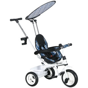 Triciclo para Bebés 6 en 1 Triciclo Evolutivo para Niños de +12 Meses con Toldo Plegable Mango de Empuje Telescópico y Desmontable Asiento Ajustable Cesto y Portabotellas Azul y Blanco