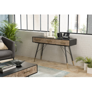 DALIE - Console noire 3 tiroirs scandi bois Sapin marqueté pieds métal doré