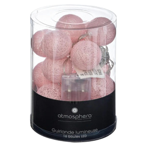 Guirlande LED à pile 16 boules - rose clair - L255 cm