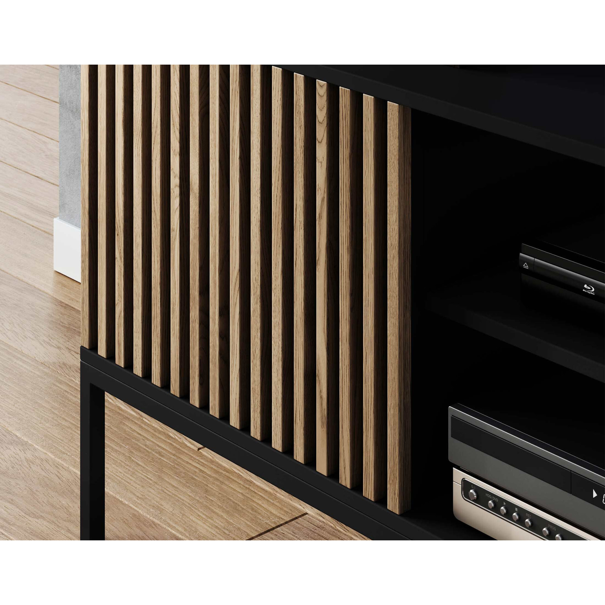 Savanna - meuble TV - effet bois et noir - 2 portes et 2 niches - 150 cm - Noir / Bois