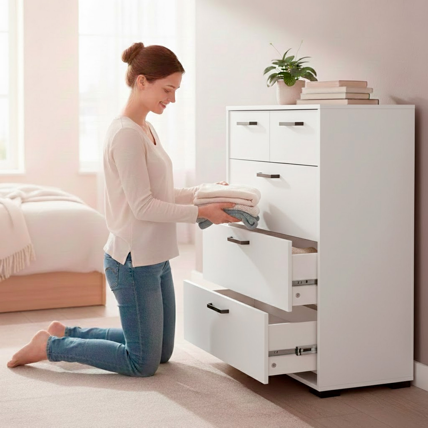 Cassettiera Alta 5 Cassetti Comò Mobile Contenitore Moderno Cassetti Scorrevoli A Sfera Camera Da Letto Ingresso Soggiorno 70.2×39.8×82.7 Cm Bianco