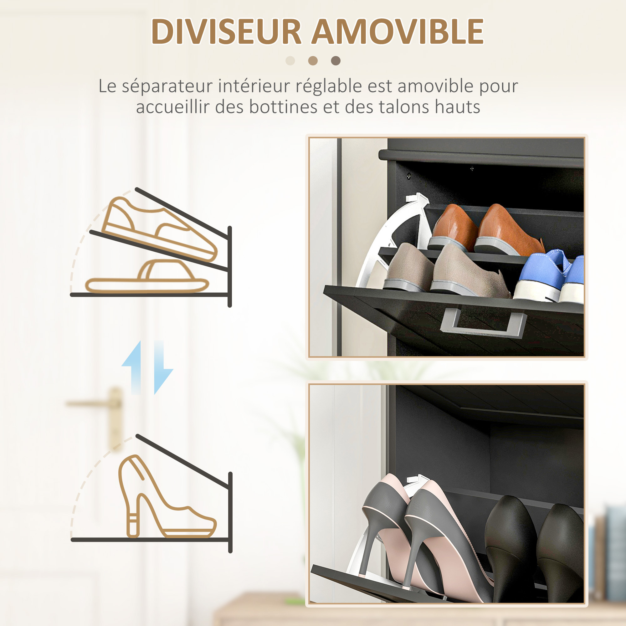 Meuble à chaussures 2 portes abattants 2 étagères poignées métal noir MDF noir
