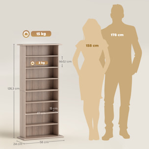 Estantería para CDs y DVDs Soportes para CD Estrechos con 8 Compartimentos Estantes Ajustables para Salón Oficina 58x24x126,3 cm Madera Natural