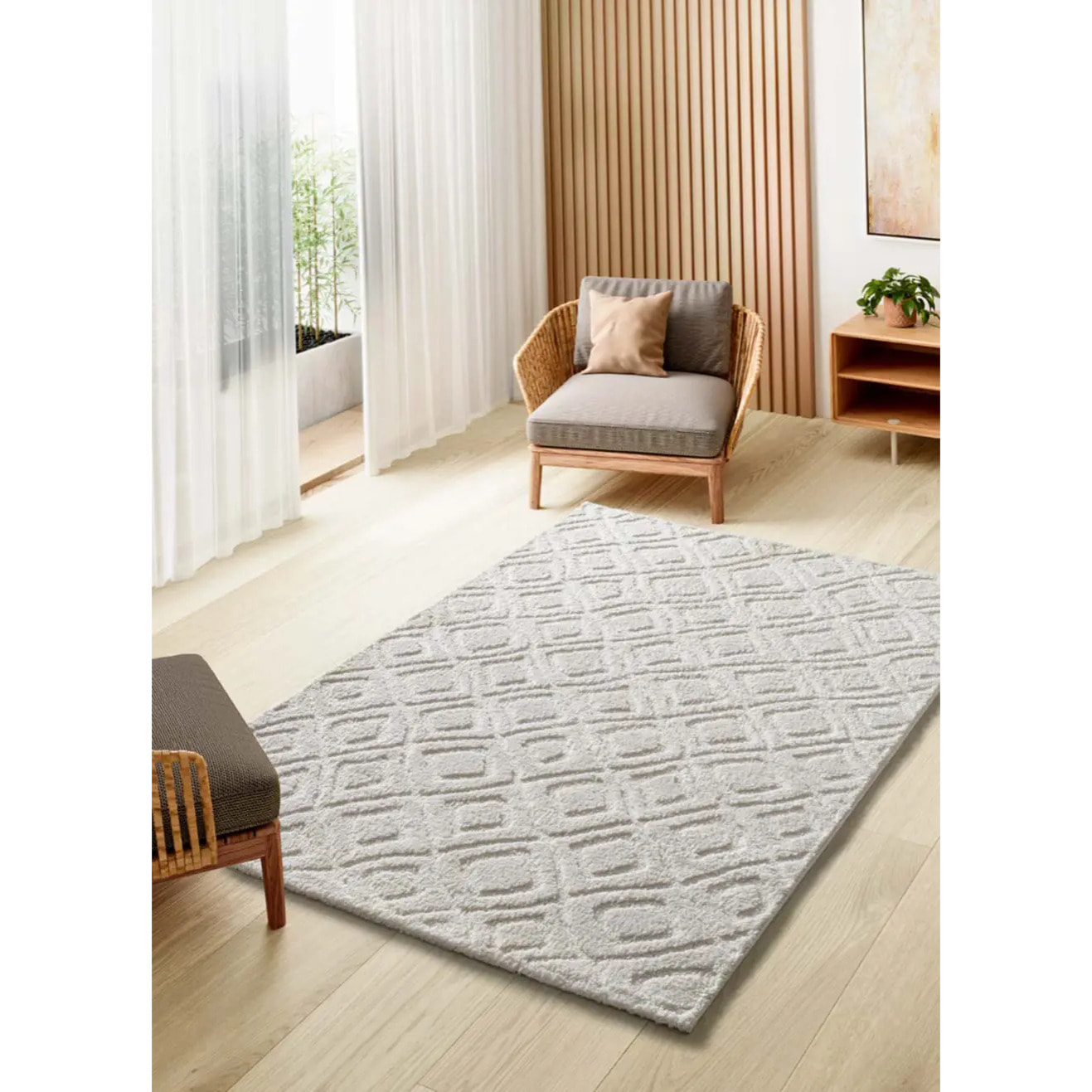 JUNO Alfombra geométrica con relieve blanco, varias medidas disponibles.