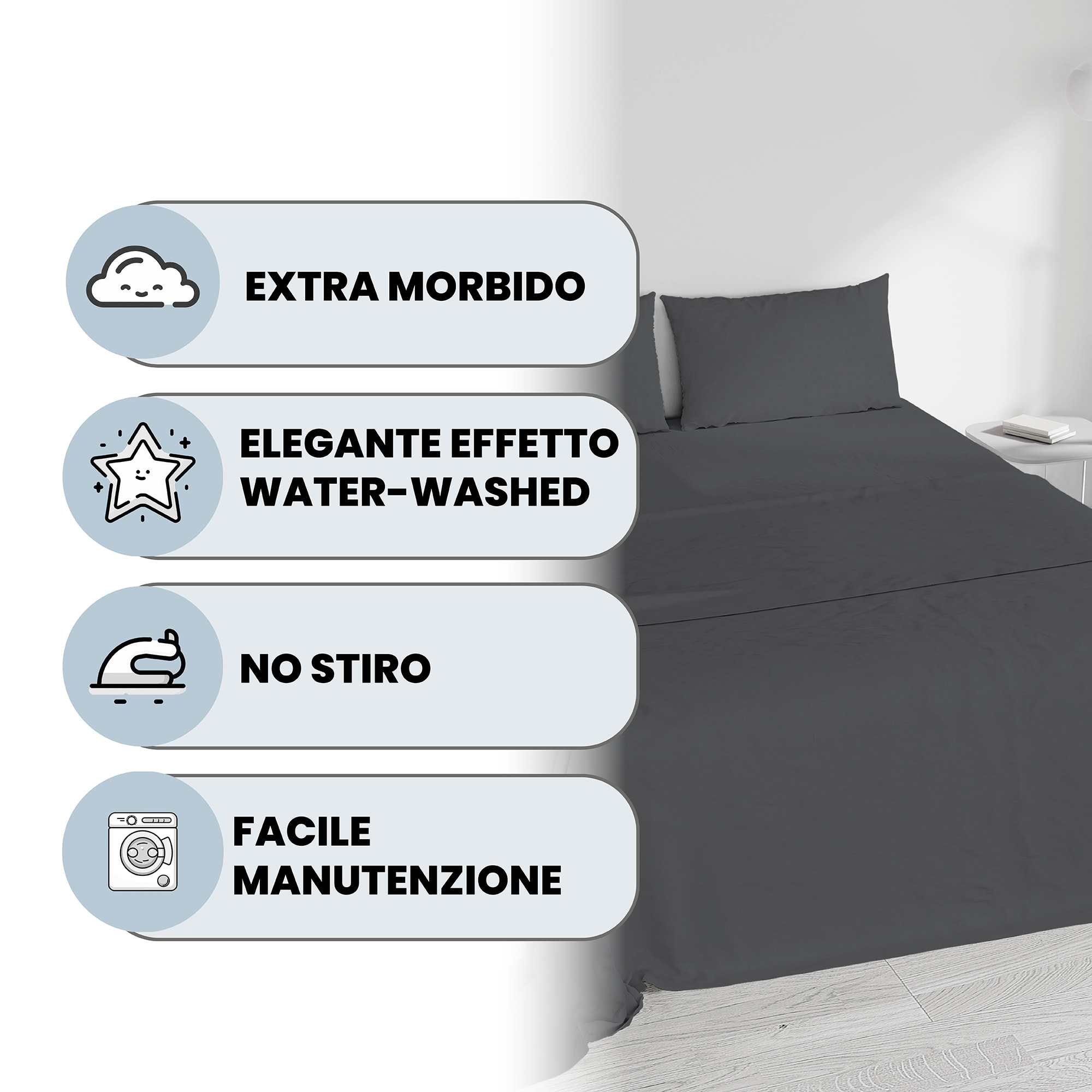 COMPLETO LETTO WATER WASHED, 100% Microfibra, No Stiro - GRIGIO SCURO