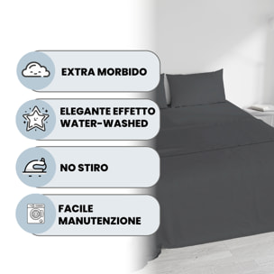 COMPLETO LETTO WATER WASHED, 100% Microfibra, No Stiro - GRIGIO SCURO