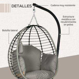 Silla Colgante Huevo con Soporte Columpio de Jardín Exterior con Cesta Plegable Cojín y Reposacabezas Columpio Colgante para Interior y Exterior Carga 120 kg Gris y Negro