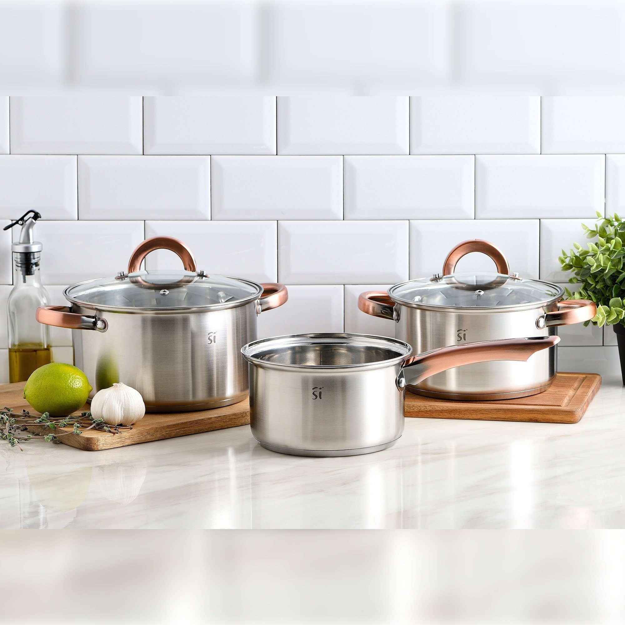 Juego de batería de cocina "onil" 5pc en acero inoxidable + set de 5 sartenes en aluminio prensado