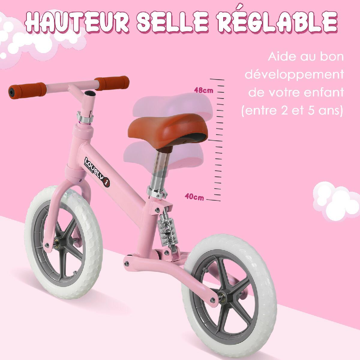 Draisienne enfant roues 12'' suspension selle hauteur réglable acier rose