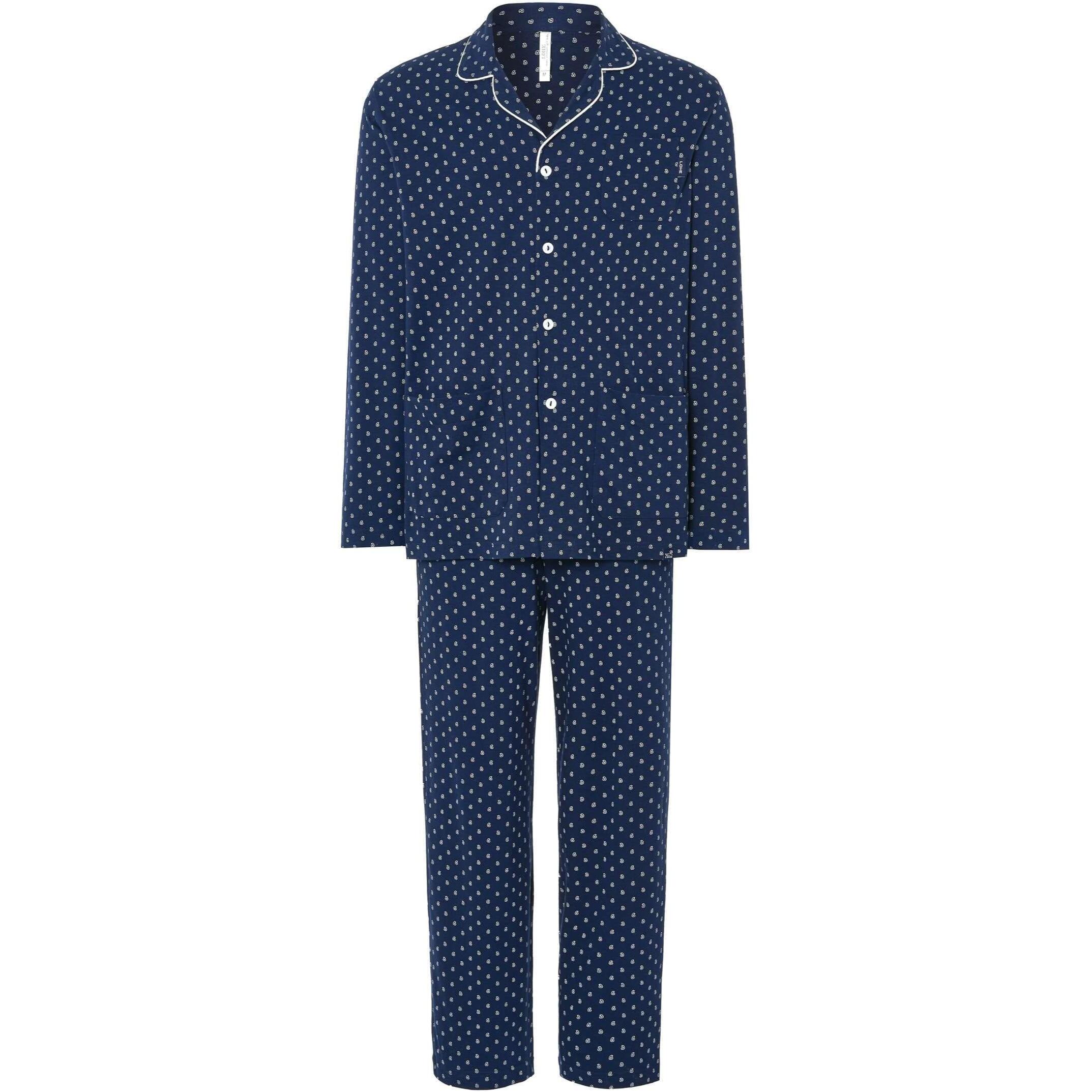 Pijama hombre estampado, parte superior abierta con botones, bolsillos de plastrón, manga larga y pantalón largo