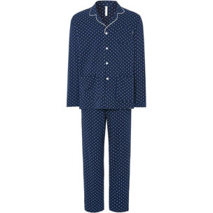 Pijama hombre estampado, parte superior abierta con botones, bolsillos de plastrón, manga larga y pantalón largo