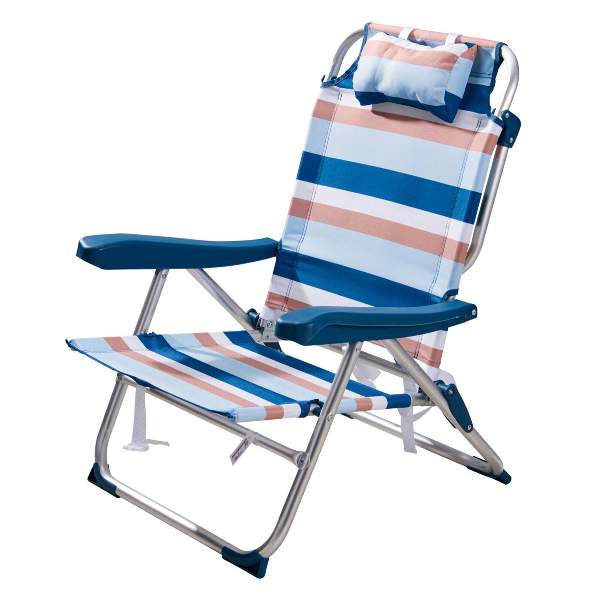 Well Home Silla plegable reclinable con almohada 64x63x32/82cm aluminio anodizado, rayas azules, tejido 600x300D hasta 110kg