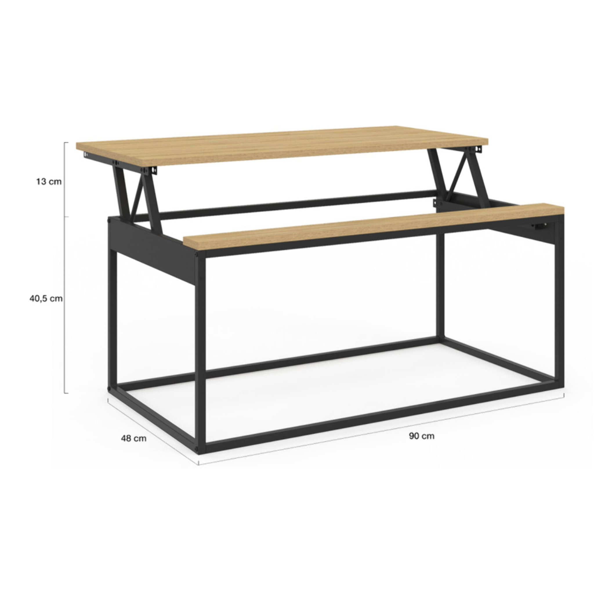 Table basse Memphis avec plateau relevable bois et pieds noirs L90cm
