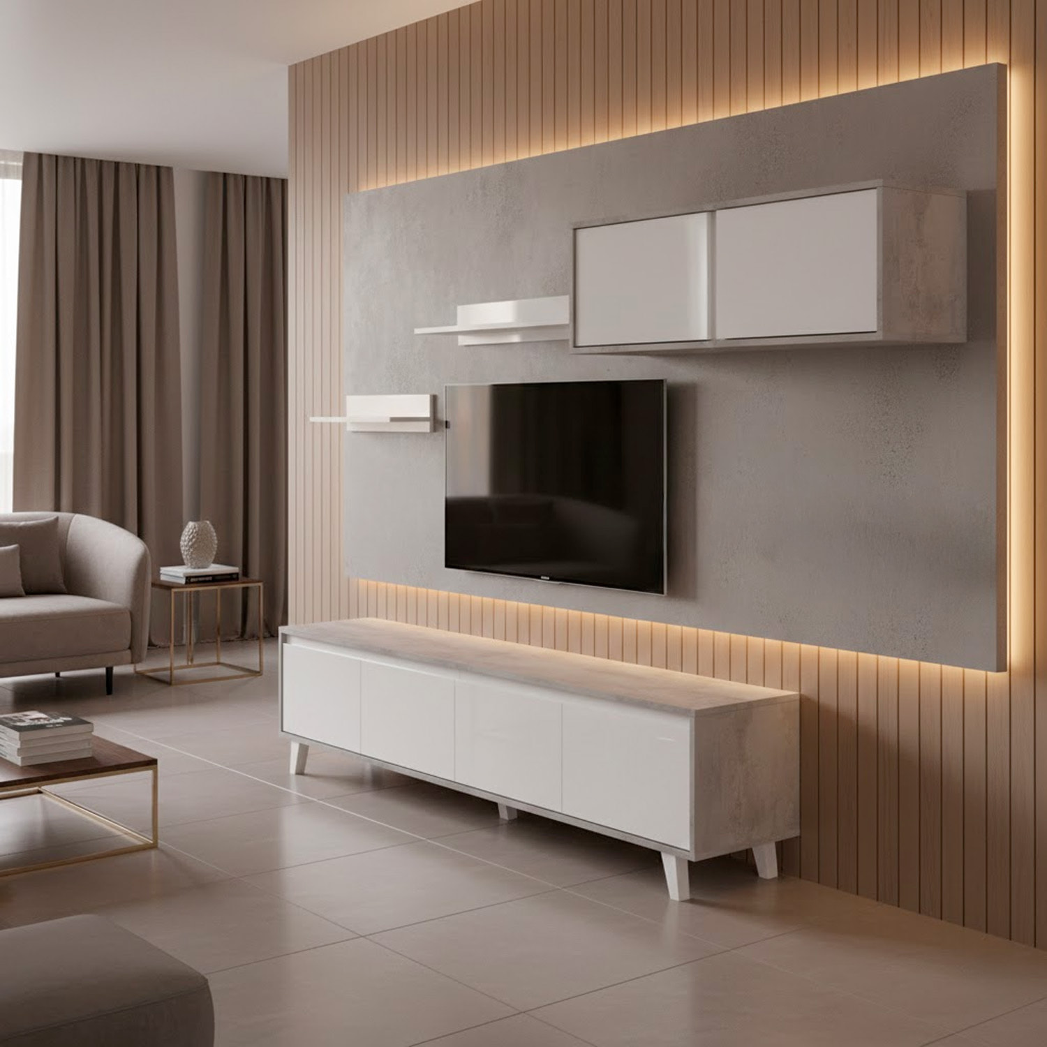 Parete Attrezzata Mobile Porta TV Con Pensile E Mensole Set Da Soggiorno Design Moderno Per Televisori Fino A 77” 200x41x50 Cm Bianco E Grigio Cemento