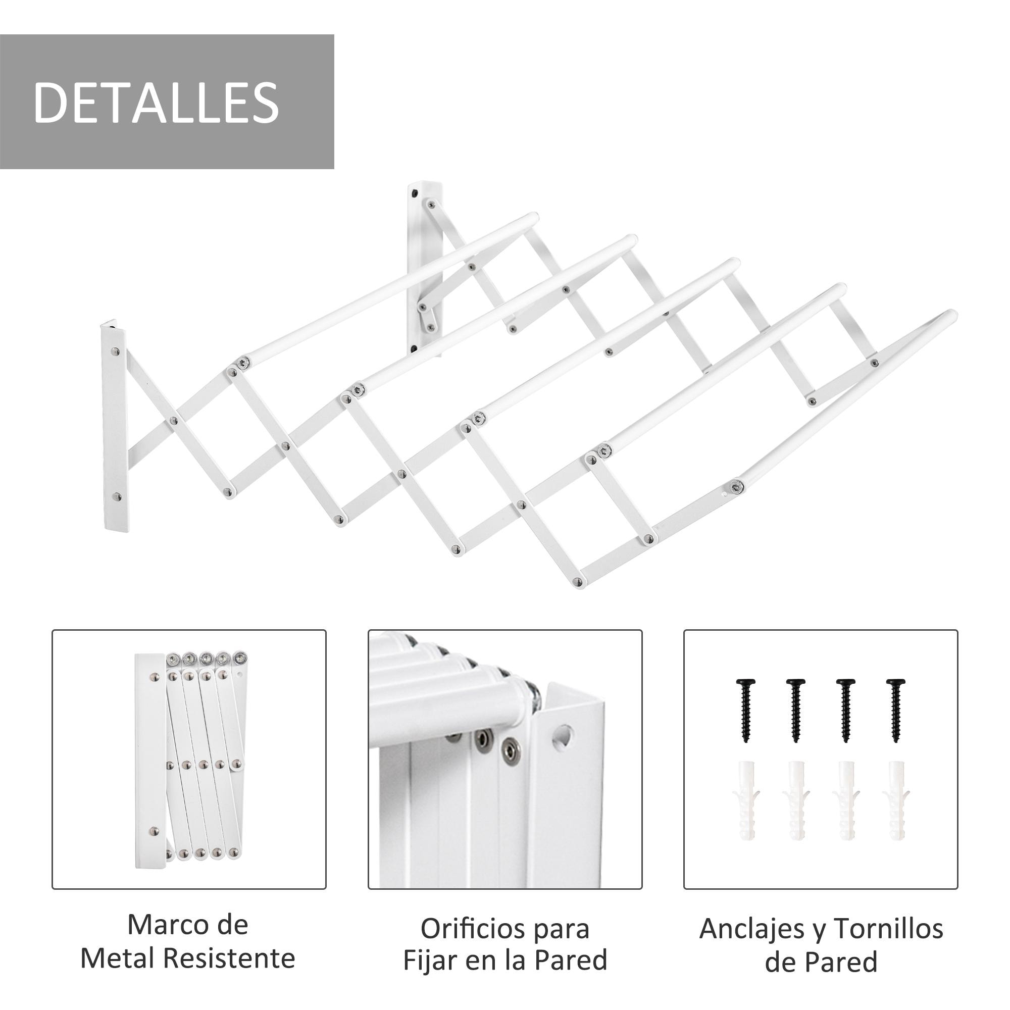 HOMCOM Tendedero de Pared Extensible de 63,5 cm Tendedero de Ropa de Metal con 5 Barras para Interior y Exterior Baño Balcón Carga 10 kg 63,5x60x20 cm Blanco