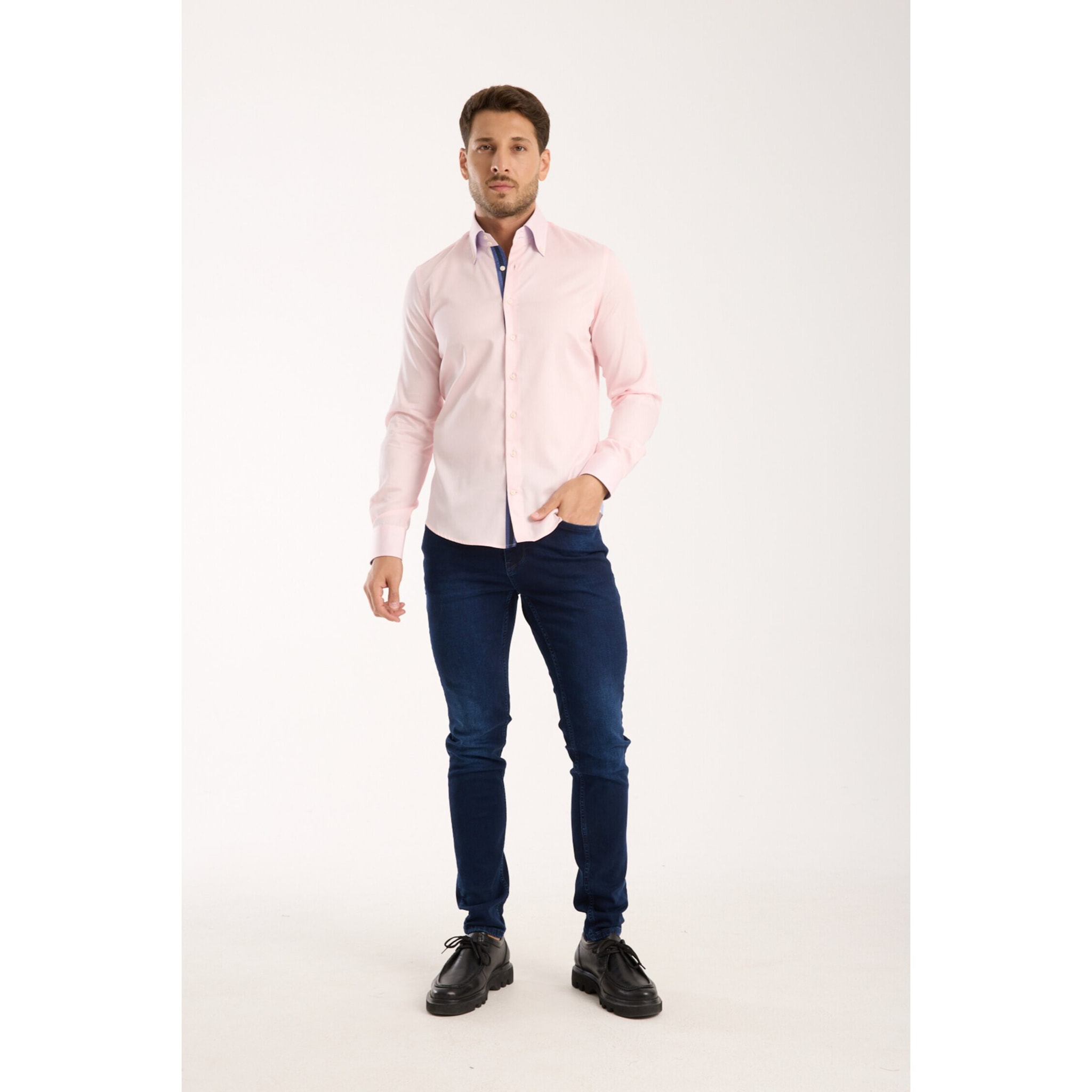 Camicia Uomo 2 Bottoni Button Down Slim Satin Unito Rosa