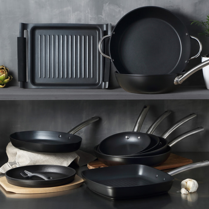 Juego de 3 Sartenes Ø24Ø28Ø30cm en Aluminio forjado aptas para inducción color Negro FOODIES MasterPRO