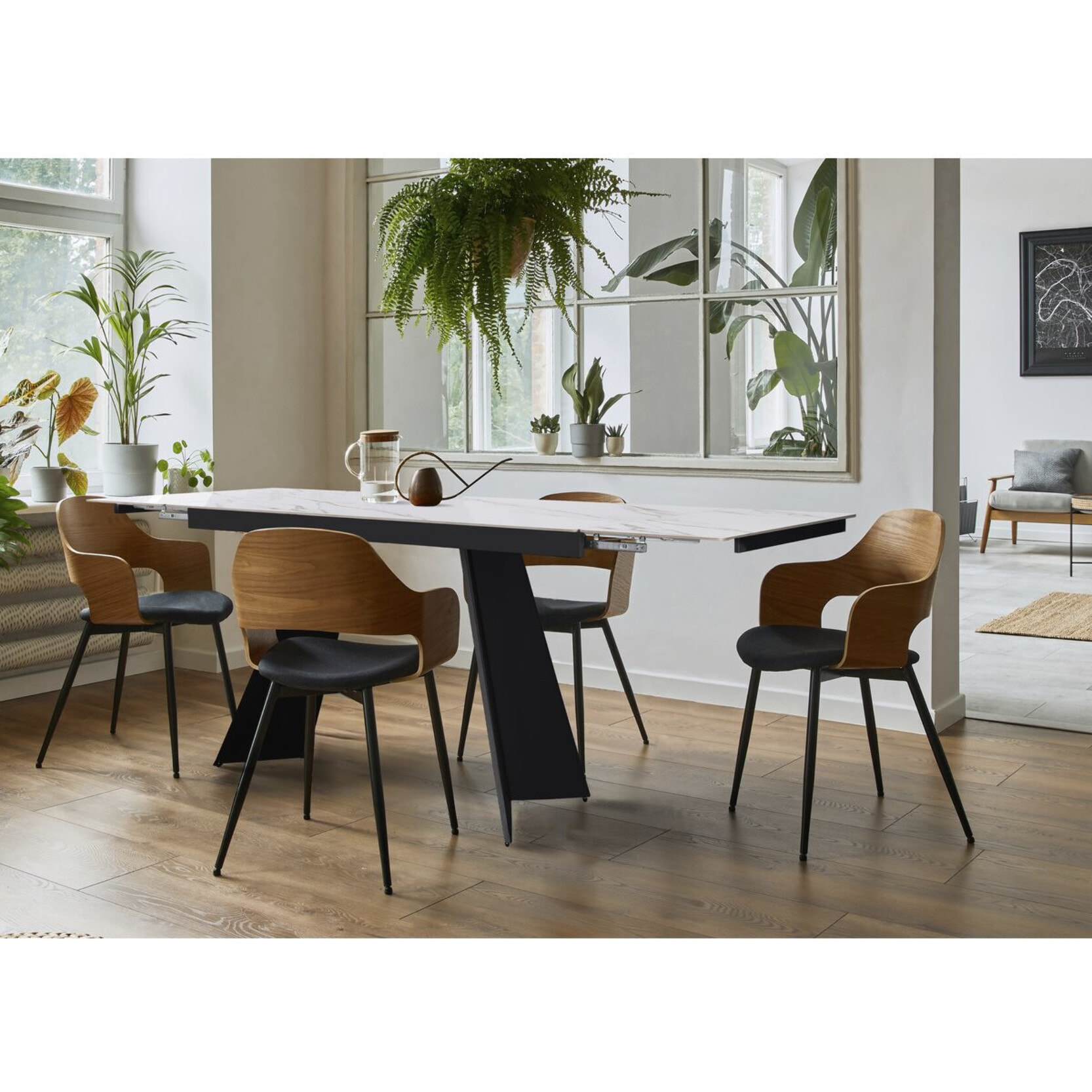 Table de repas extensible en céramique 6 à 10 personnes "Equinoxe" - Blanc marbré gold