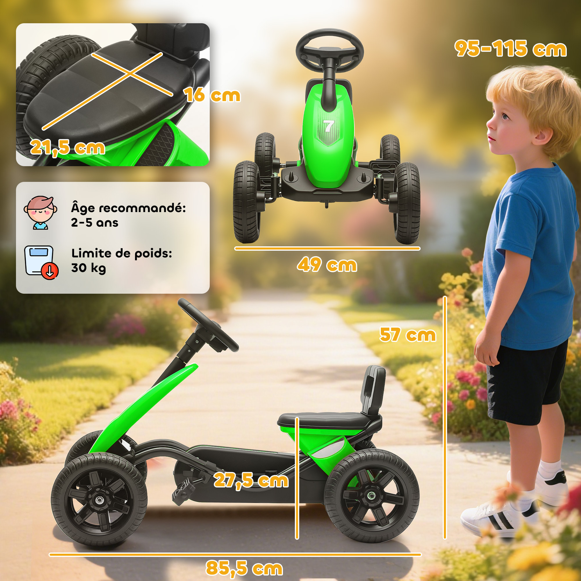 Kart à pédales enfant - Go Kart - carter chaine fermé - marche AV AR - métal plastique noir vert
