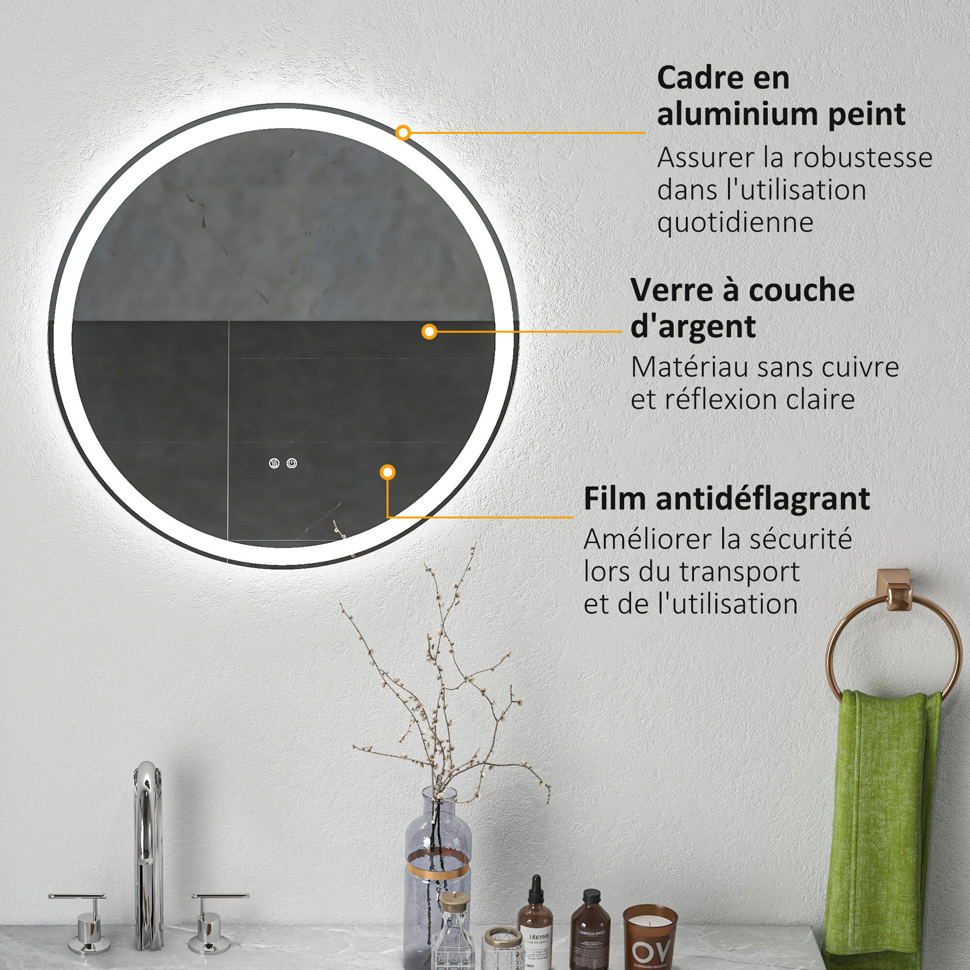 Miroir rond lumineux LED de salle de bain 29 W Ø 60 cm tactile antibuée blanc argent