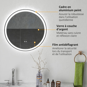 Miroir rond lumineux LED de salle de bain 29 W Ø 60 cm tactile antibuée blanc argent