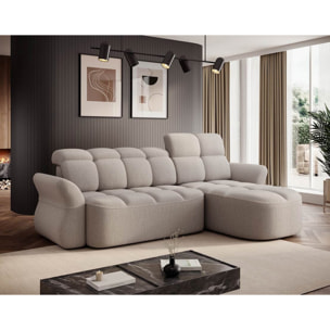 Brume - Canapé d'angle droit 4 places convertible électrique avec coffre et têtières réglables en tissu bouclette - Beige